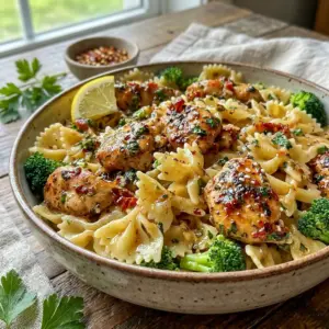 A skillet of Cowboy Butter Lemon Bowtie Chicken with Broccoli served as a flavorful Chicken Dinner Recipes idea with tender pasta, juicy chicken, and bright lemon butter sauce.