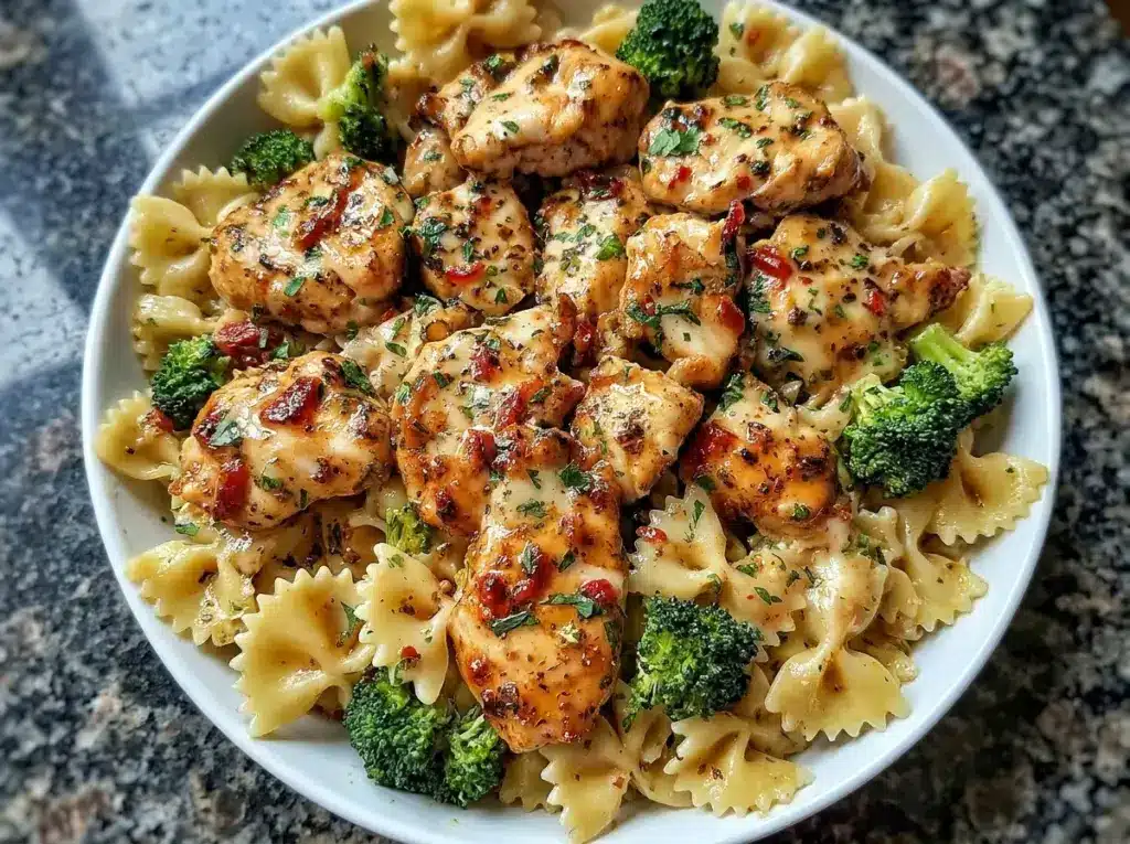 A warm dinner dish of Cowboy Butter Lemon Bowtie Chicken with Broccoli with a little Soul Food comfort, lemony sauce, and pasta that looks perfect for Dinner Time.