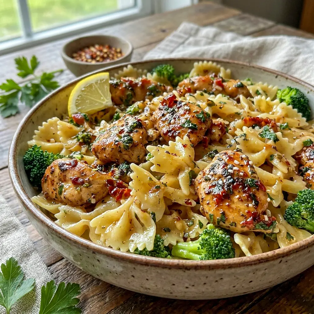 A skillet of Cowboy Butter Lemon Bowtie Chicken with Broccoli served as a flavorful Chicken Dinner Recipes idea with tender pasta, juicy chicken, and bright lemon butter sauce.