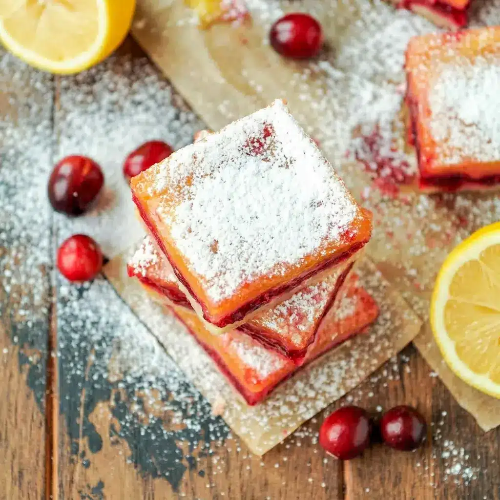 Cranberry Lemon Bars inspired by Christmas Dessert Bar Recipes with fresh citrus flavor and festive powdered sugar.
