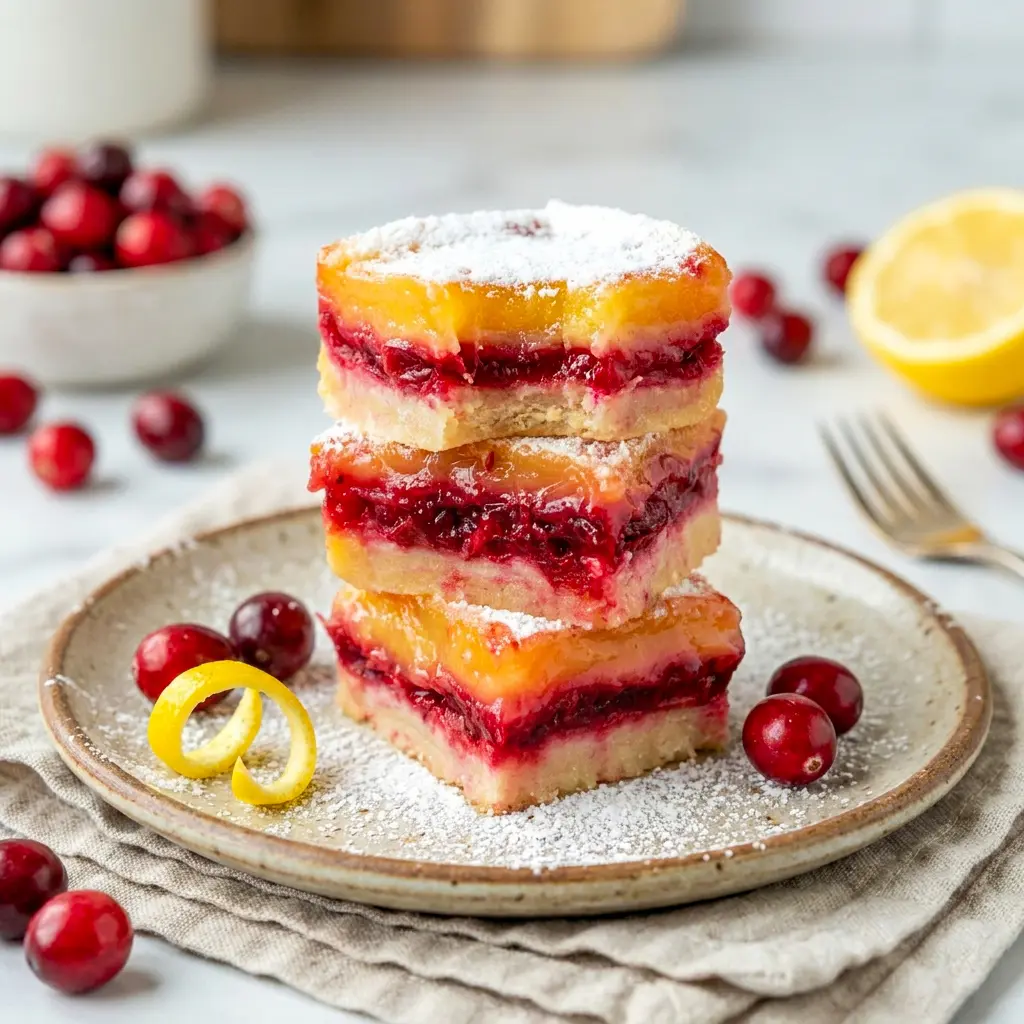 Cranberry Lemon Bars with a buttery crust and tangy filling, perfect for Best Cranberry Desserts at the holiday table.