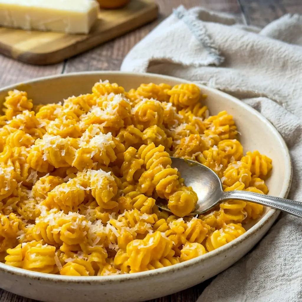 Butternut Squash Pasta Sauce in a vegan pasta bowl, finished as Vegan Creamy Butternut Squash Pasta.