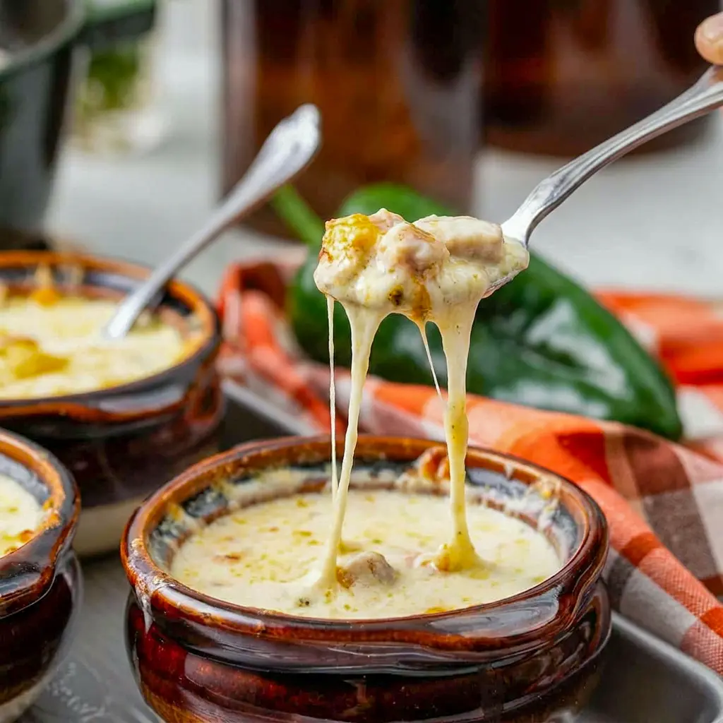 A creamy bowl of Chile Relleno Soup topped with bubbly cheddar, perfect for a hearty Chicken Chile Relleno Soup pin.