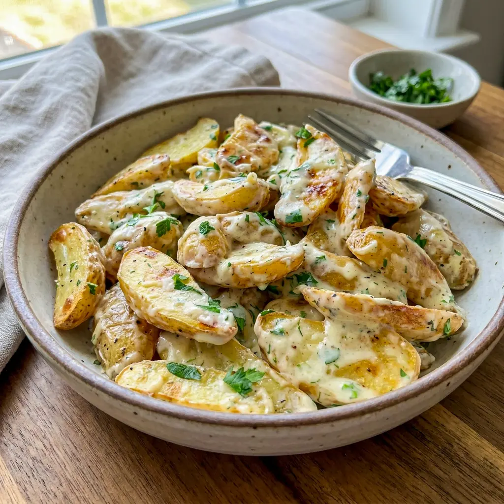 Golden Creamy Herb Roasted Fingerling Potatoes plated warm for easy Creamy Roasted Fingerling Potatoes inspiration.