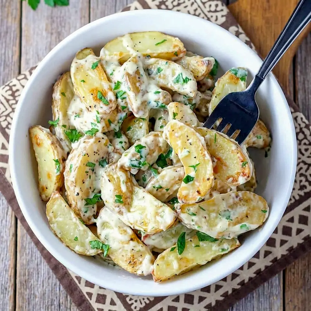 A delicious bowl of Creamy Herb Roasted Fingerling Potatoes finished with Creamy Roasted Potatoes With Herbs and fresh parsley.