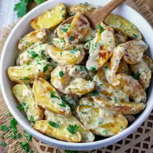 A cozy side dish of Creamy Herb Roasted Fingerling Potatoes served as Creamy Fingerling Potatoes with a rich, savory sauce.