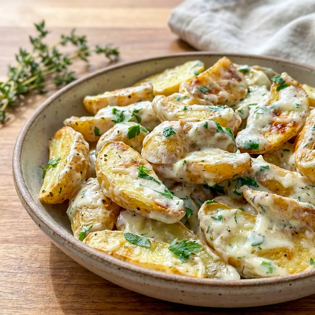 Roasted Creamy Herb Roasted Fingerling Potatoes styled for Recipes Using Fingerling Potatoes and a comforting dinner side.