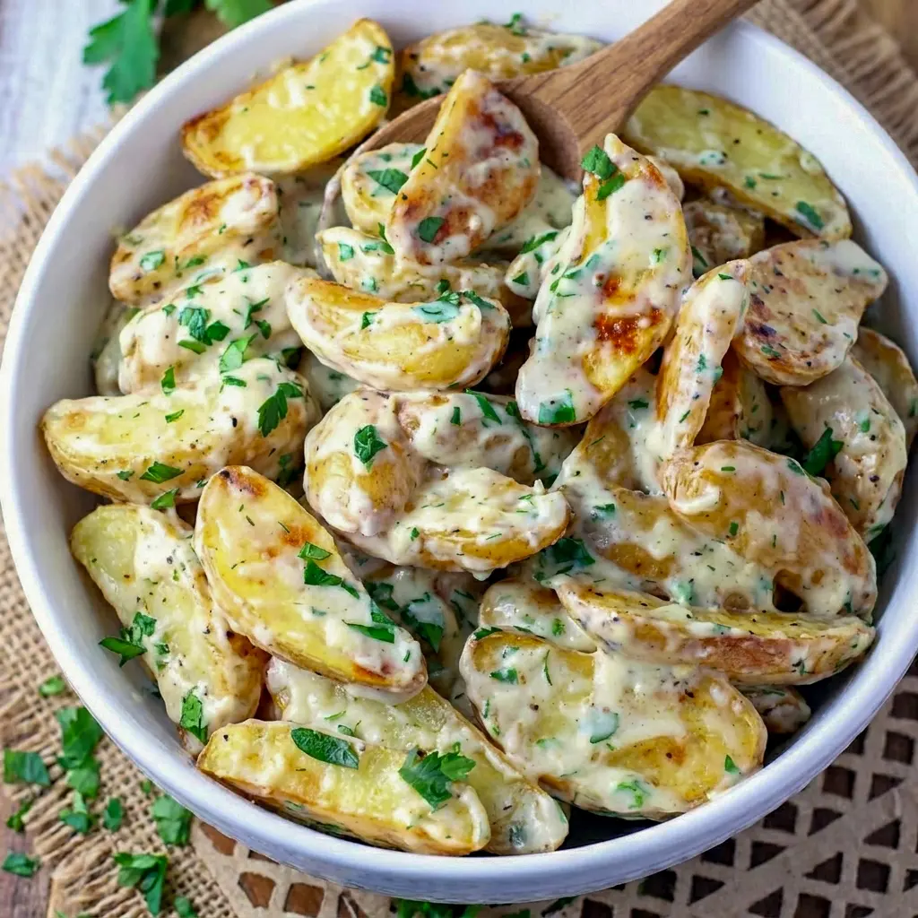 A cozy side dish of Creamy Herb Roasted Fingerling Potatoes served as Creamy Fingerling Potatoes with a rich, savory sauce.