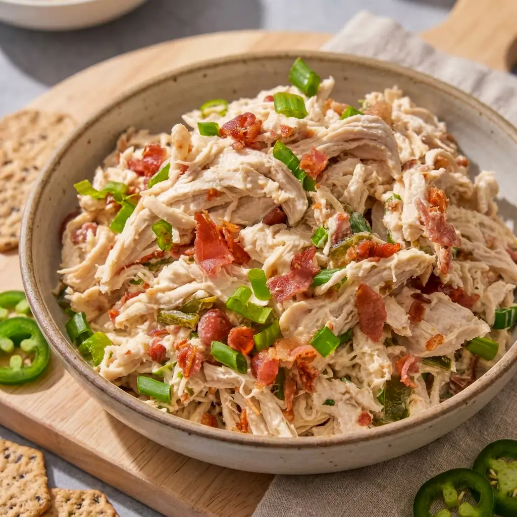 Jalapeño Popper Chicken Salad served with crackers and fresh herbs, inspired by Chicken Salad Recipes.