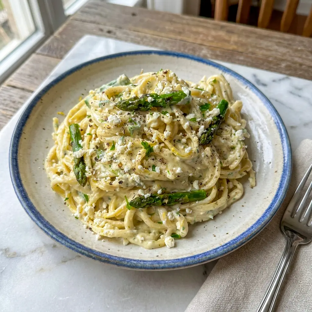 Bright, creamy Creamy Lemon Feta Pasta served with tender asparagus, a delicious take on Greek Lemon Pasta.