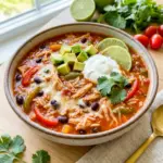 A cozy bowl of Pepper Jack Chicken Fajita and Rice Soup with melted cheese, tender chicken, and bold Pepper Jack Soup Recipe flavor.