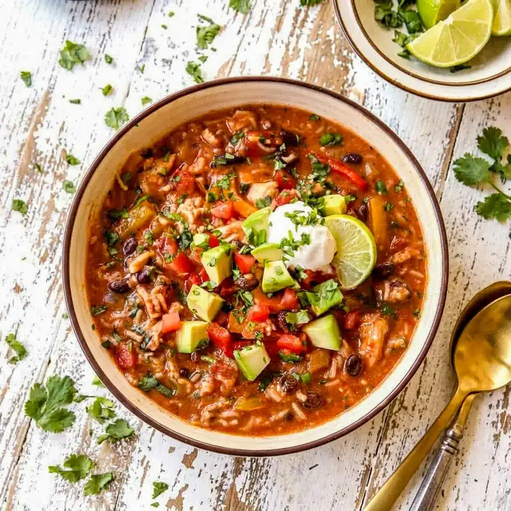 This tasty Pepper Jack Chicken Fajita and Rice Soup is a hearty bowl of Spicy Chicken And Rice Soup loaded with peppers, rice, and creamy goodness.