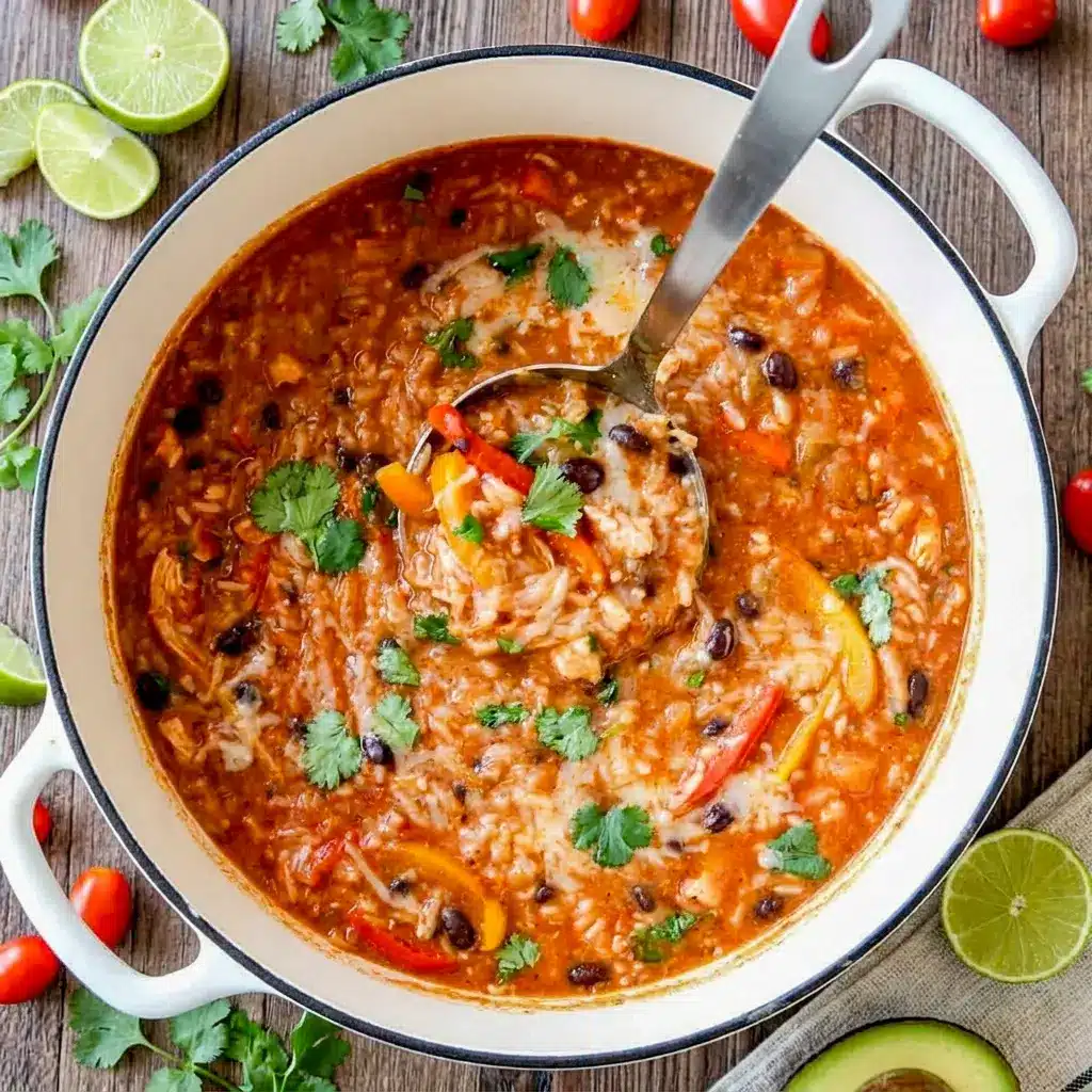 A colorful serving of Pepper Jack Chicken Fajita and Rice Soup made for fans of Chicken Fajita And Rice Soup and easy one-pot dinners.