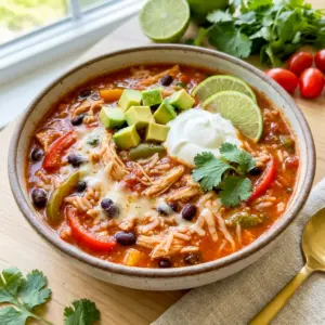 A cozy bowl of Pepper Jack Chicken Fajita and Rice Soup with melted cheese, tender chicken, and bold Pepper Jack Soup Recipe flavor.