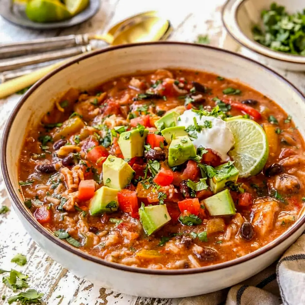 A rich and comforting bowl of Pepper Jack Chicken Fajita and Rice Soup inspired by Mexican Chicken And Rice Soup and finished with fresh toppings.