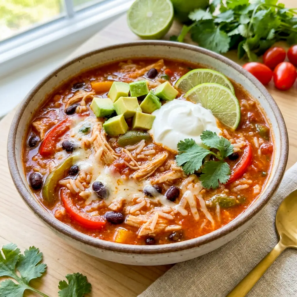 A cozy bowl of Pepper Jack Chicken Fajita and Rice Soup with melted cheese, tender chicken, and bold Pepper Jack Soup Recipe flavor.