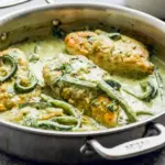 Creamy Poblano Chicken served over rice with a rich Creamy Poblano Chicken Recipe sauce, golden chicken, and fresh cilantro for a cozy dinner.