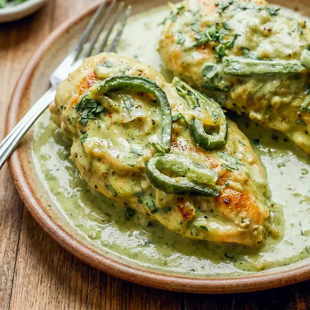 A skillet of Creamy Poblano Chicken with smoky peppers and a bold Chicken Poblano Cream Sauce that looks perfect for dinner.
