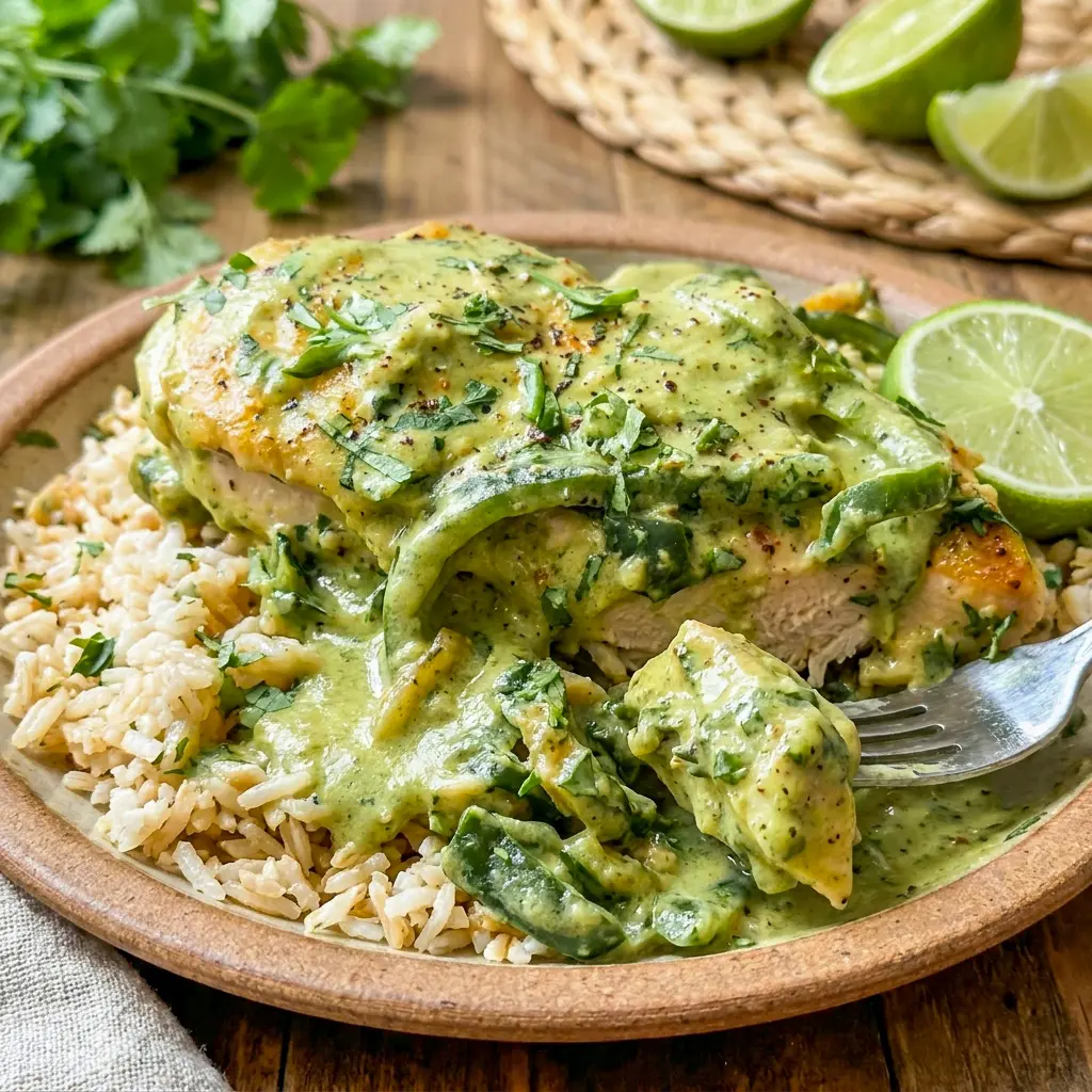 Plated Creamy Poblano Chicken with fluffy rice and a bright Poblano Cream Sauce Recipe that makes the meal look restaurant-worthy.