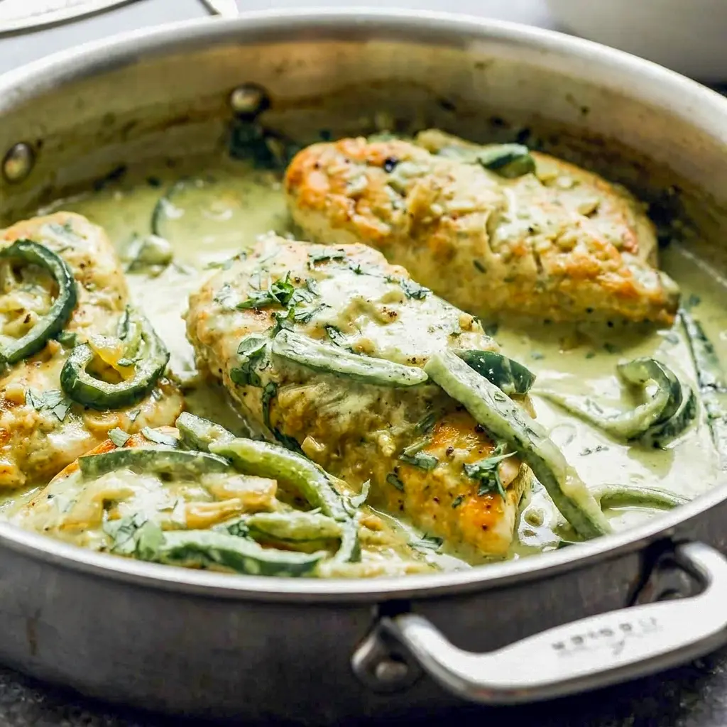 Creamy Poblano Chicken served over rice with a rich Creamy Poblano Chicken Recipe sauce, golden chicken, and fresh cilantro for a cozy dinner.