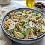 Tzatziki Pasta Salad served in a bright bowl, perfect for Cold Pasta Side Dishes at summer cookouts.