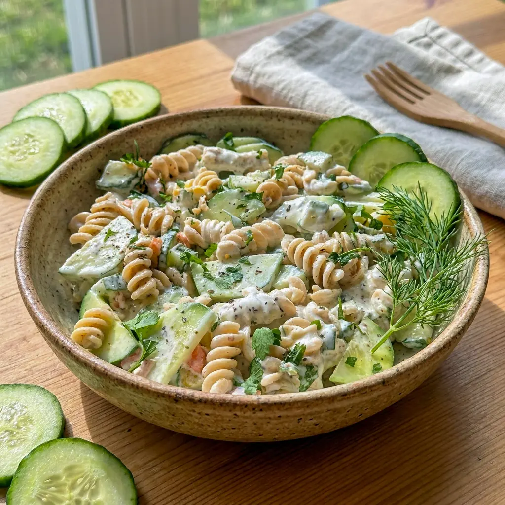 Fresh Tzatziki Pasta Salad with crisp veggies and herbs, a tasty Tzatziki Vegetarian meal for lunch.