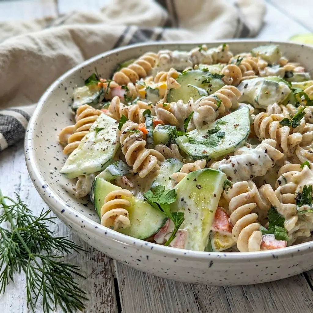 Creamy Tzatziki Pasta Salad topped with olives and cucumber, a cool Taziki Pasta idea for potlucks.