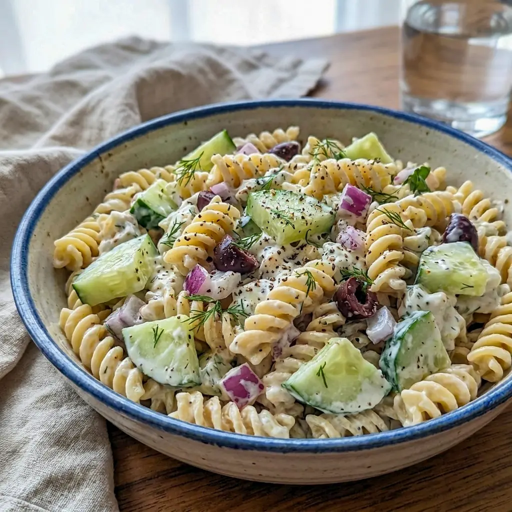 Chilled Tzatziki Pasta Salad with tangy dressing, one of the easiest Recipes Pasta Salad options for warm days.