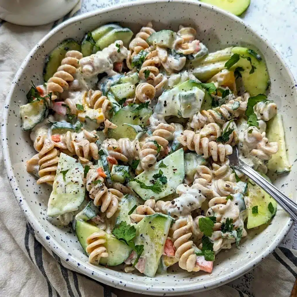 Easy Tzatziki Pasta Salad in a serving bowl, a fresh pick for Picnic Sides Ideas and Healthy Potluck Dishes.