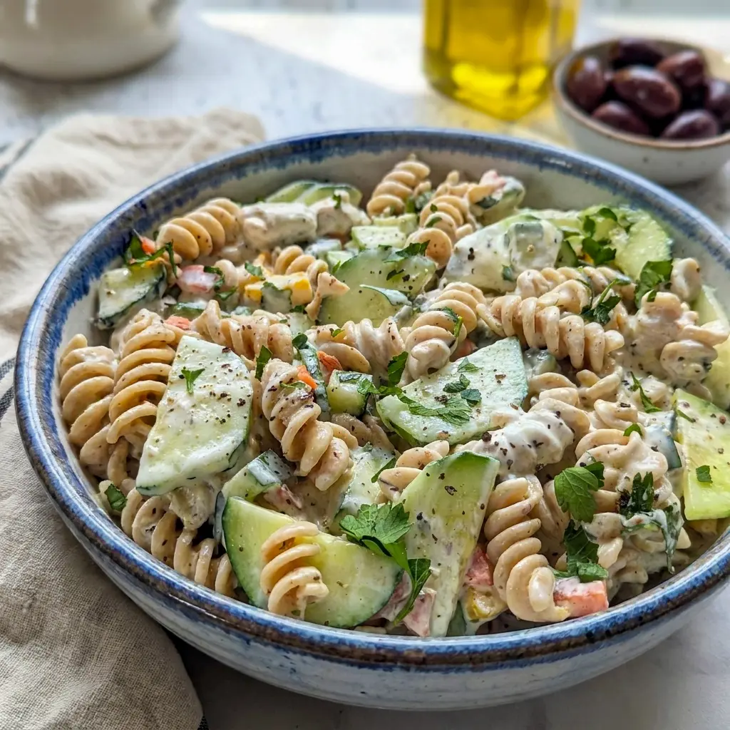 Tzatziki Pasta Salad served in a bright bowl, perfect for Cold Pasta Side Dishes at summer cookouts.