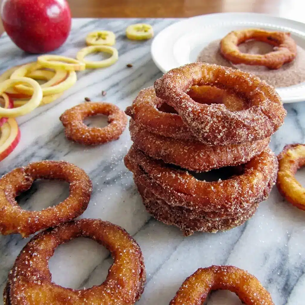 Close-up of cinnamon apple rings dusted with sugar, perfect for an easy Apple Rings Recipe idea.