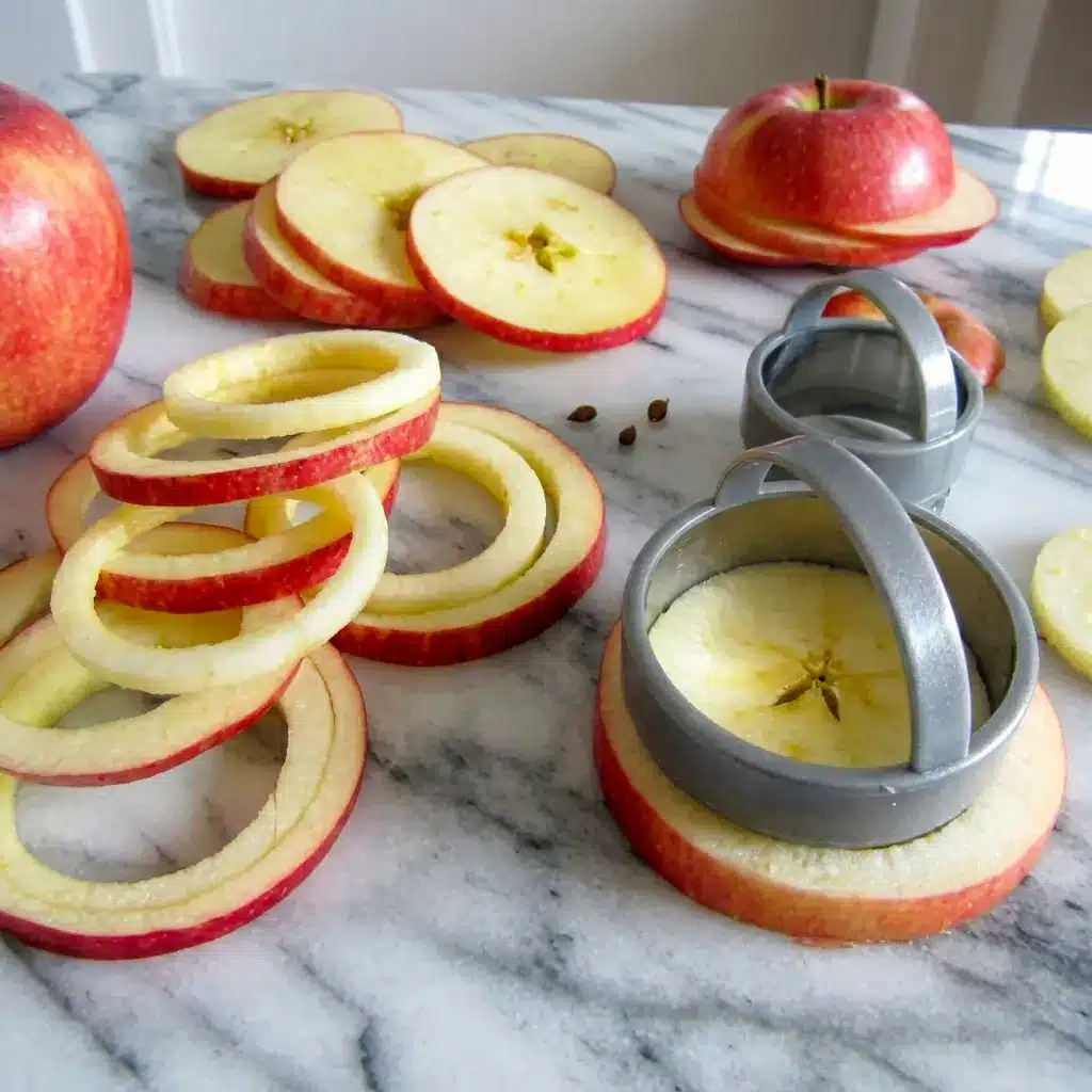 Homemade cinnamon apple rings served warm as a fun Apple Hacks Food treat for fall.