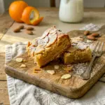 A golden tray of Almond Croissant Blondies with powdered sugar and Almond Treats Easy Recipes appeal.