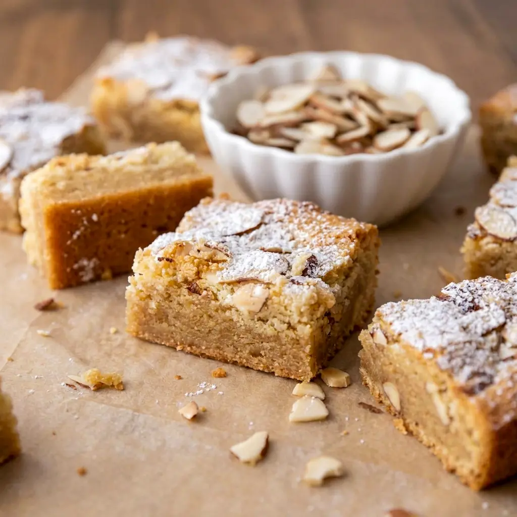 Close-up of Almond Croissant Blondies with a buttery swirl, perfect for Blondie Recipe Ideas.