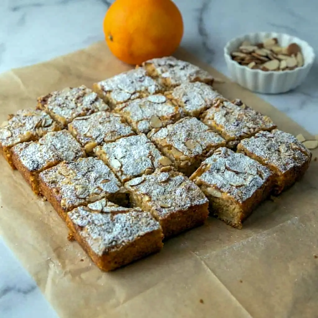 Freshly baked Almond Croissant Blondies topped with sliced almonds for classic Frangipane Desserts flavor.
