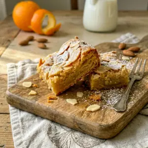 A golden tray of Almond Croissant Blondies with powdered sugar and Almond Treats Easy Recipes appeal.