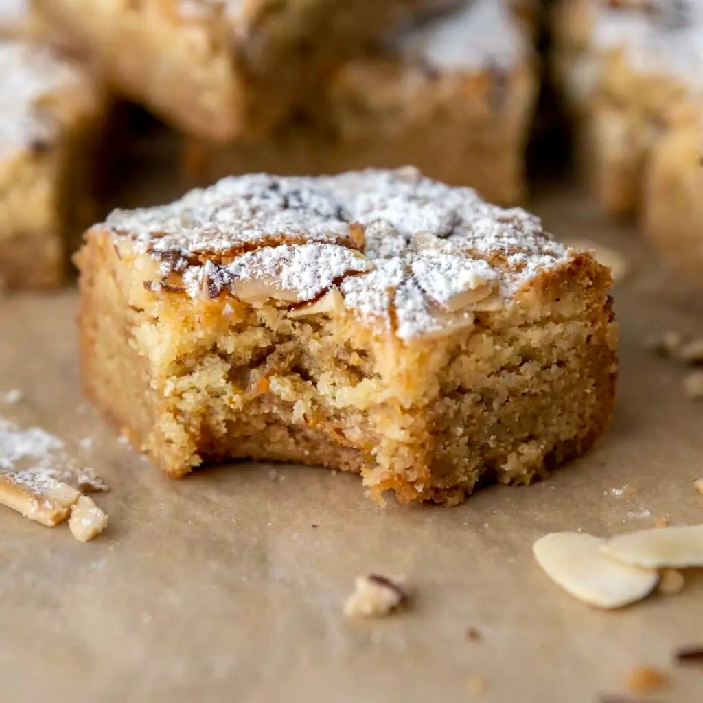 A bakery-style pan of Almond Croissant Blondies with rich topping and elegant Almond Dessert Ideas inspiration.