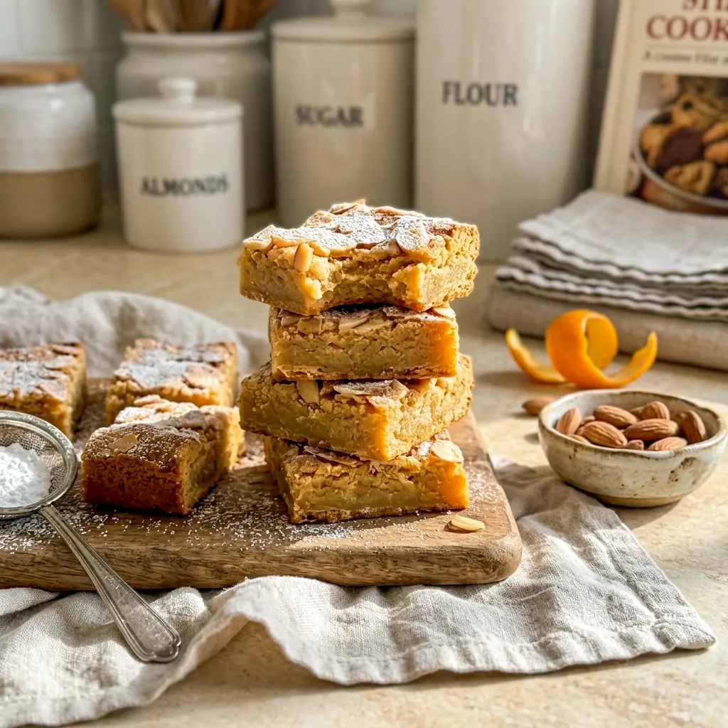 Soft and chewy Almond Croissant Blondies dusted with sugar, one of the best Best Dessert Bar Recipes to share.