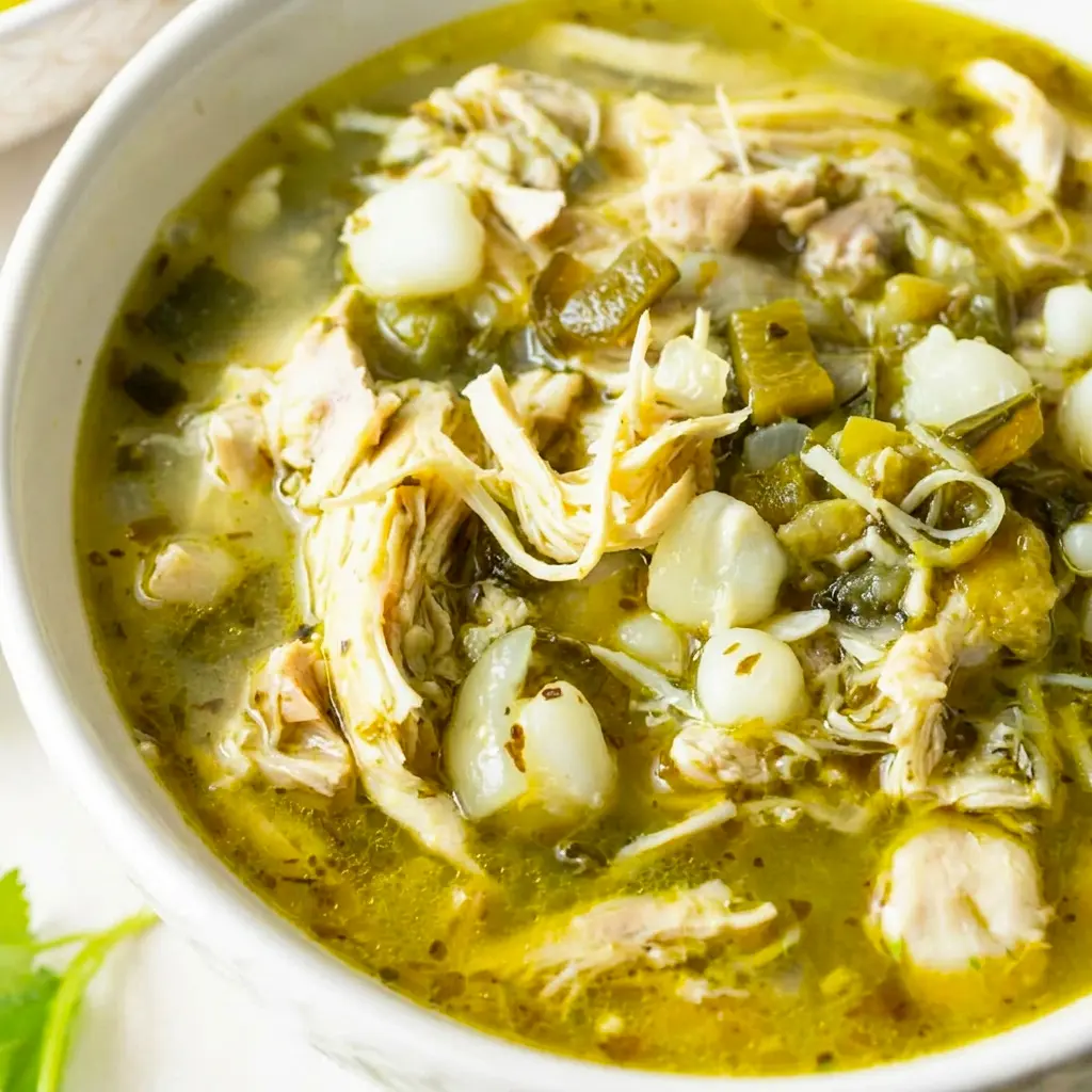 A hearty bowl of Pozole Verde de Pollo topped with cabbage and radishes for an easy Chicken Pozole Verde Soup that feels fresh and comforting.