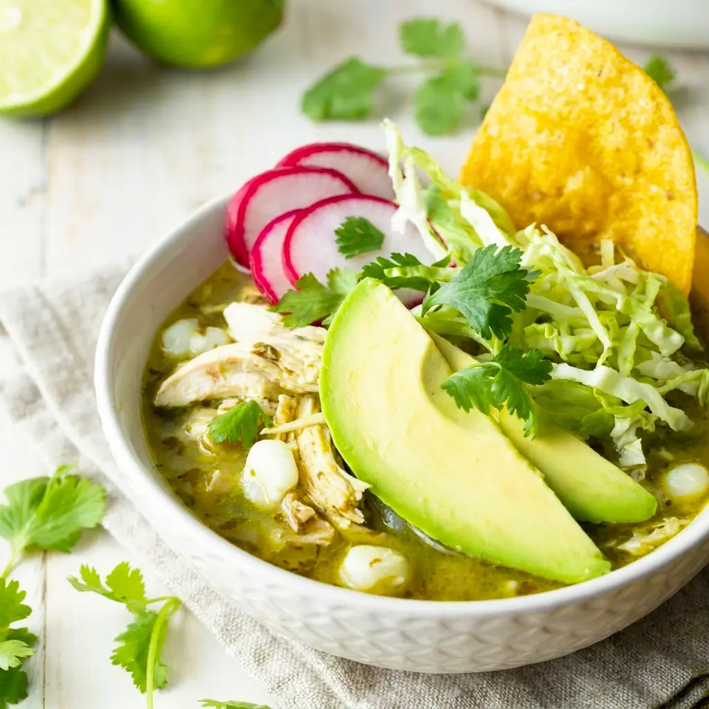 A vibrant bowl of Pozole Verde de Pollo with bright green broth and hominy, perfect for an Easy Chicken Posole Recipe that feeds a crowd.