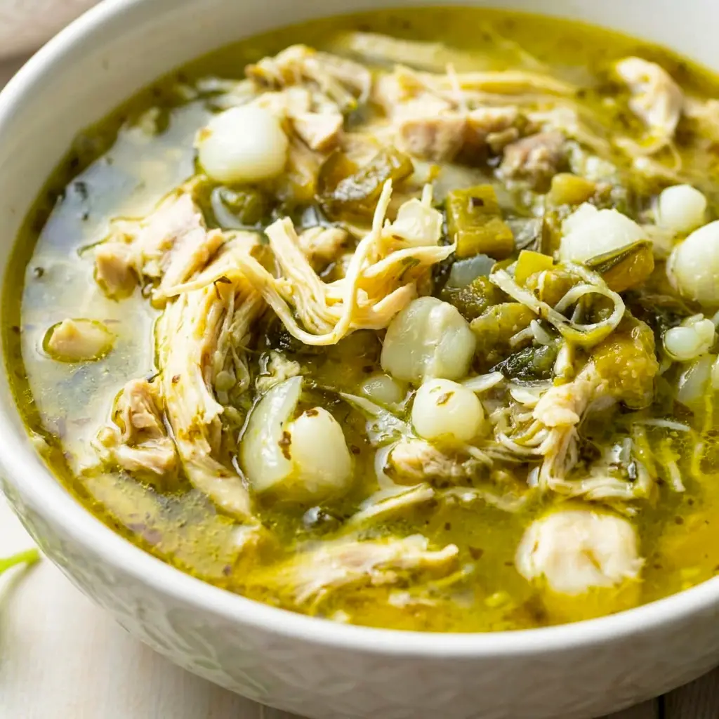 Close-up of Pozole Verde de Pollo with tortilla chips and avocado, inspired by Healthy Mexican Dinner Ideas for a satisfying weeknight meal.
