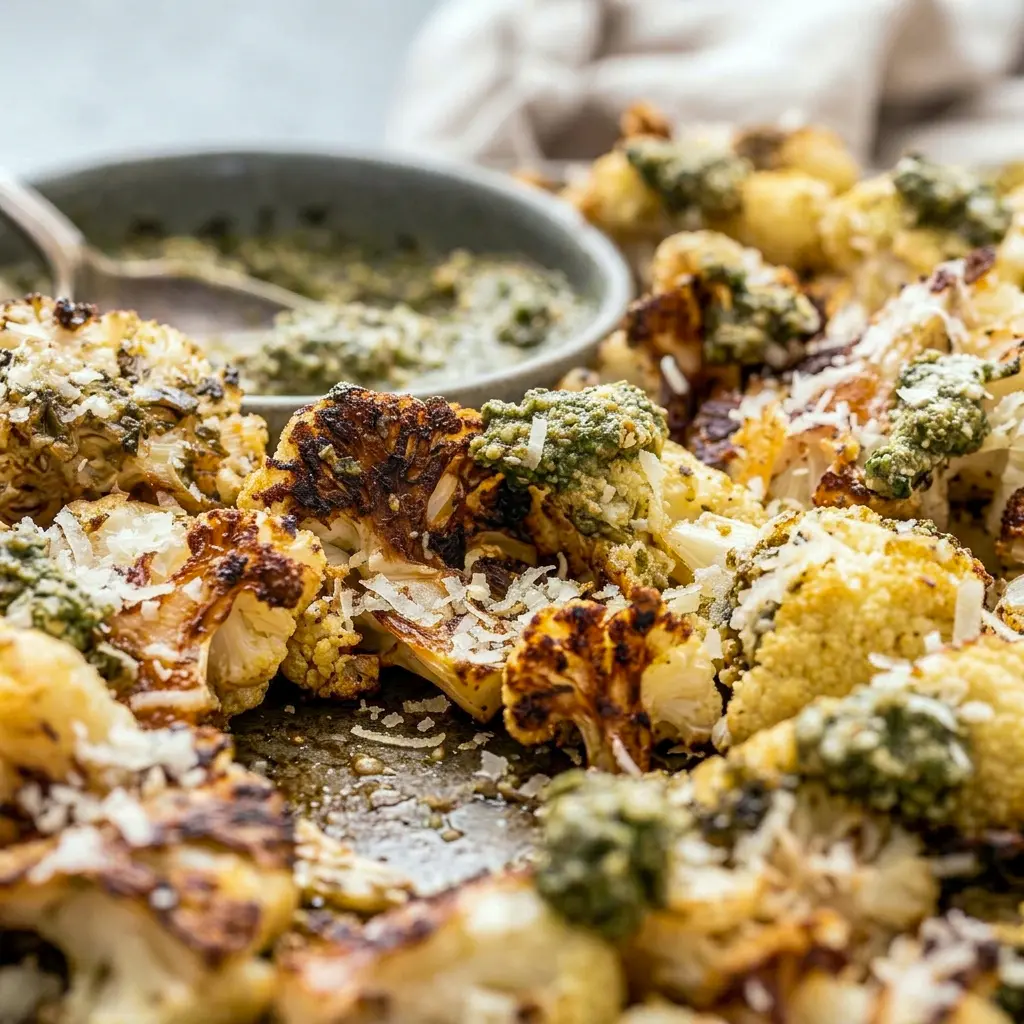 Parmesan Pesto Roasted Cauliflower is a flavorful Pesto Veggies side dish with golden roasted florets and plenty of parmesan.