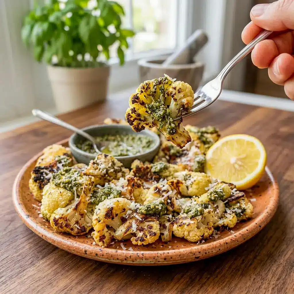 Parmesan Pesto Roasted Cauliflower is the perfect Pesto Cauliflower Side Dish for busy weeknights or simple meal prep.