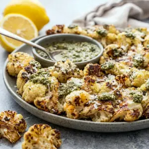 Parmesan Pesto Roasted Cauliflower makes an easy Pesto Sides recipe with crispy edges, savory flavor, and a bright lemon finish.