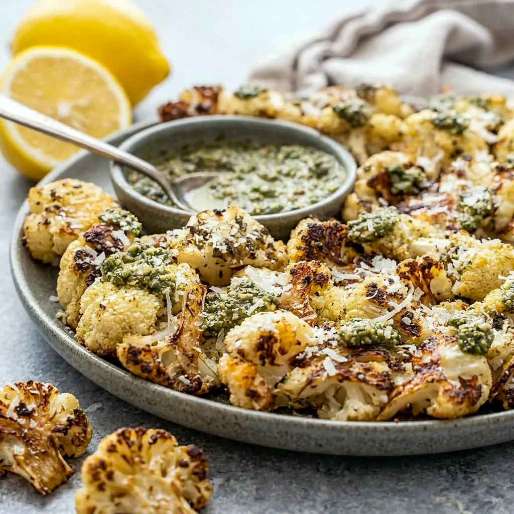 Parmesan Pesto Roasted Cauliflower makes an easy Pesto Sides recipe with crispy edges, savory flavor, and a bright lemon finish.