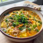 A cozy bowl of One-Pot Egg Roll Soup with Green Onions and Ginger for Healthy Recipes With Ground Pork and easy dinner inspiration.