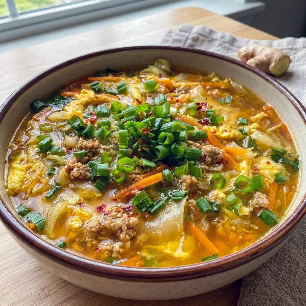 A cozy bowl of One-Pot Egg Roll Soup with Green Onions and Ginger for Healthy Recipes With Ground Pork and easy dinner inspiration.
