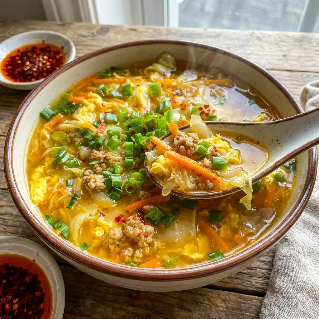 A steaming bowl of One-Pot Egg Roll Soup with Green Onions and Ginger styled as a comforting Spring Roll Soup with fresh green onions.