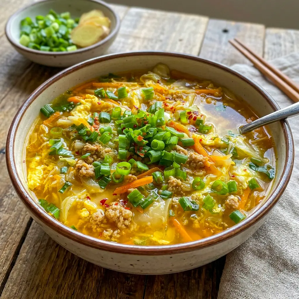 A hearty pot of One-Pot Egg Roll Soup with Green Onions and Ginger perfect for Fast Family Dinner Ideas on busy nights.