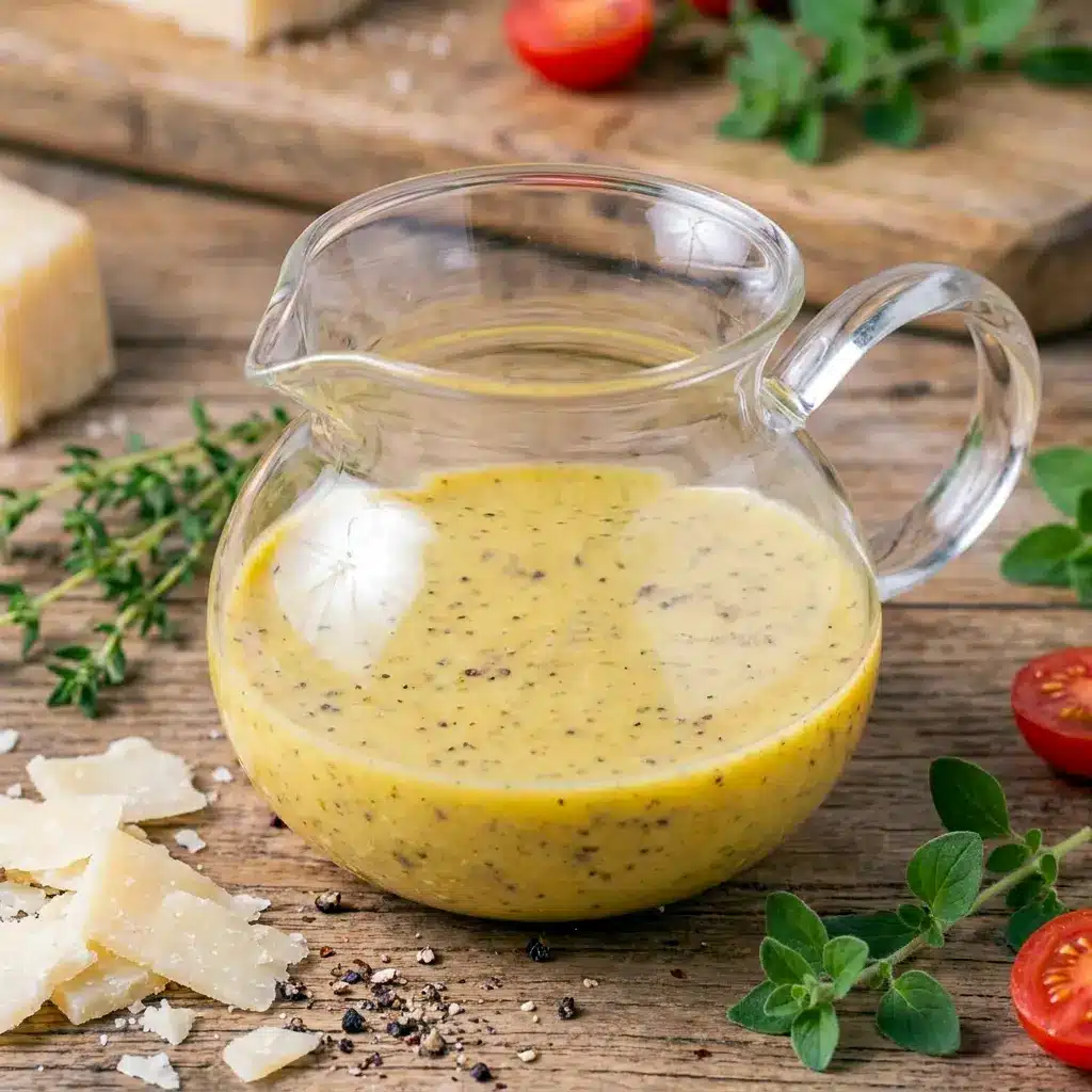 Parmesan Vinaigrette Dressing in a glass jar beside greens for a savory Salad Dressing With Parmesan Cheese option.
